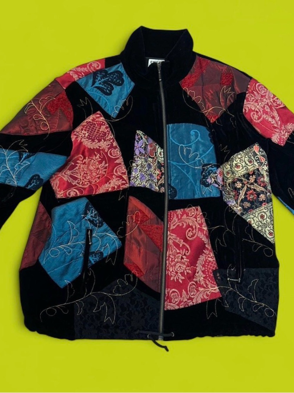 Vintage 90’s Chicos Design colorful, velvet patchwork, embroidered zip up jacket
